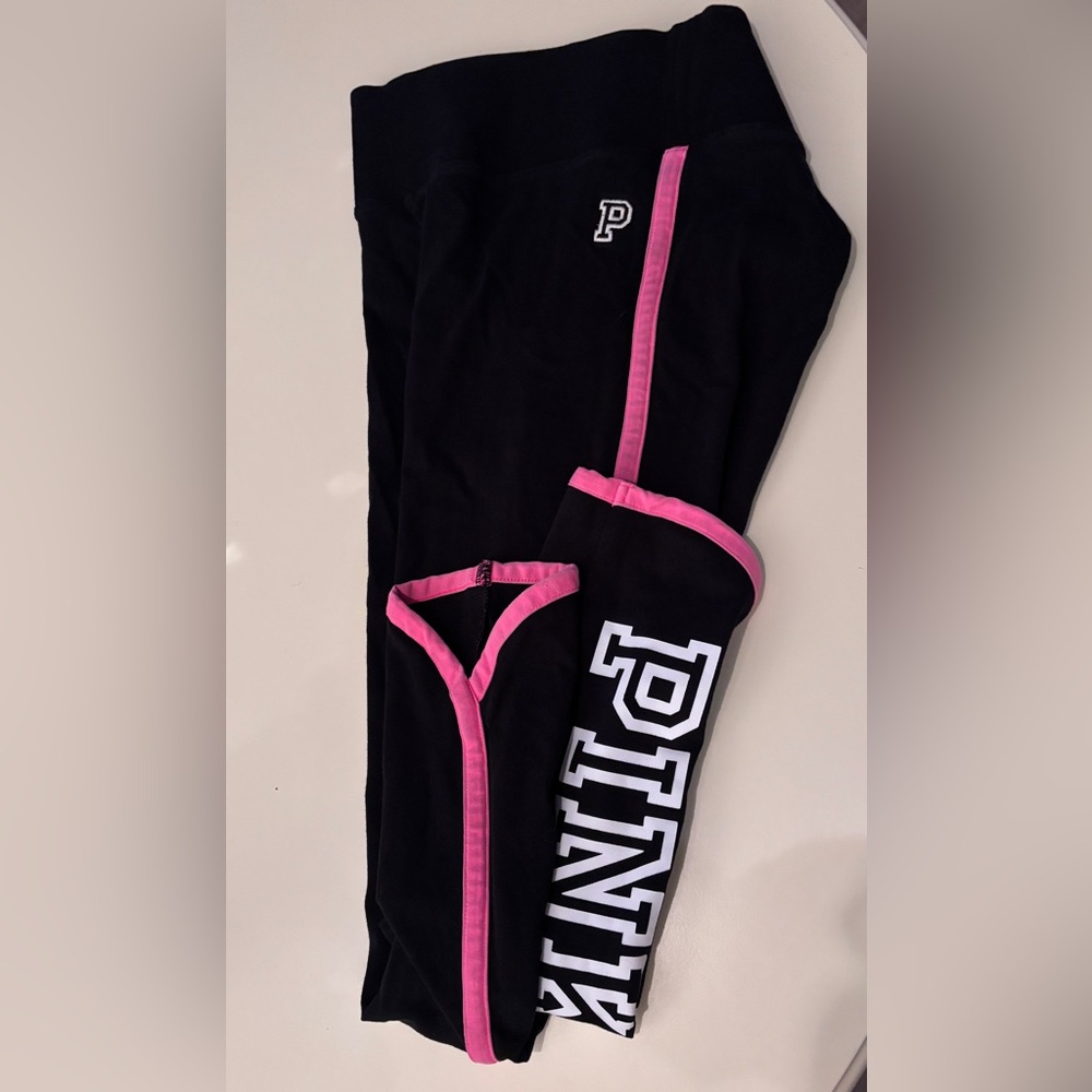 PINK Victoria’s Secret Yoga Leggings Black Pink Stripe Tulip Hem Small